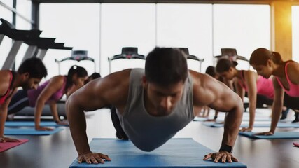 Group of diverse people performing push-ups in a modern gym class. - Powered by Adobe