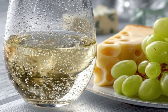 Closeup view of chilled white wine with sparkling bubbles alongside cheese and fresh green grapes on a rustic wooden table - Powered by Adobe