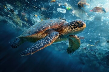 Obraz premium Swimming sea turtle navigates through a sea of plastic debris in a polluted ocean, highlighting the urgent need for environmental protection efforts