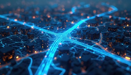 Abstract glowing blue lines form a futuristic city network. Buildings and lights create an urban grid of interconnected roads. Technology advances city planning and transit flow.