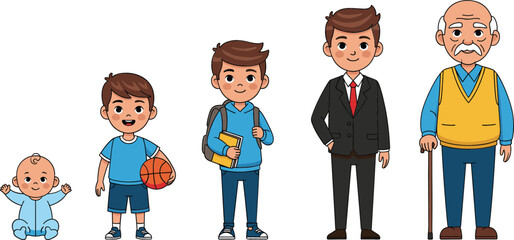Male life cycle stages showing human growth from baby to old age, set of cartoon characters including infant child student adult and senior man, isolated vector illustration