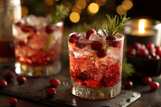 Christmas themed cocktail drinks garnished with cranberries on a table with lights in background, festive holiday setting with two glasses