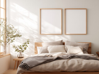 interior of bedroom with wooden two poster frames mockup
