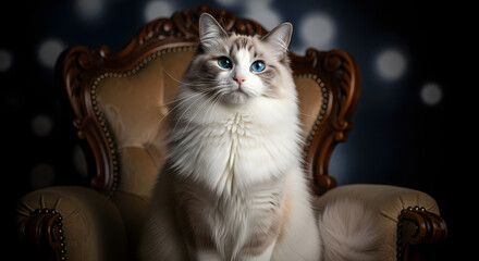 Magnificent Ragdoll cat with piercing blue eyes sitting grand armchair Fluffy Feline Pet Regal Luxury Bokeh