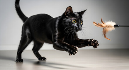 Sleek black cat leaping to catch a feather toy Feline Pet Playful Hunter Action Cute