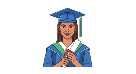 Smiling female graduate holding diploma in cap and gown education success achievement university ceremony vector