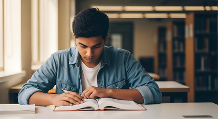 Diligent male student engrossed in reading a textbook in library education study knowledge concentration campus university