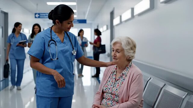 Nurse Comforts Elderly Patient in Hospital Hallway.