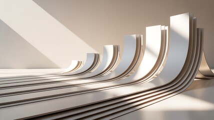 Modern white curved paper sheets in a sunny room