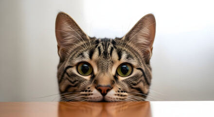 Curious tabby cat peeking playfully with bright green eyes Cat Pet Feline Adorable Watchful Home Portrait