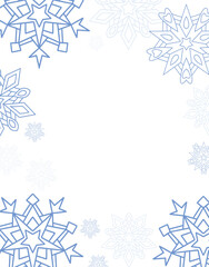 Blue outline snowflakes and sparkles forming a soft border on white background. Winter or Christmas frame template for text or photos