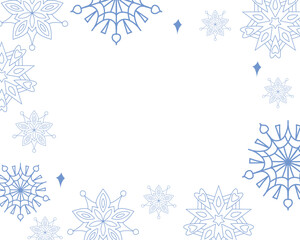 Blue outline snowflakes and sparkles forming a soft border on white background. Winter or Christmas frame template for text or photos