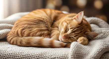 Adorable ginger cat peacefully sleeping on a warm knitted blanket cozy comfort pet relax feline dream