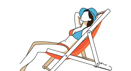 Flat line art illustration of woman relaxing on a beach Summer Sun Vacation Holiday Travel Relaxation Leisure Poolside Blue Orange White