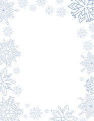 Blue outline snowflakes and sparkles forming a soft border on white background. Winter or Christmas frame template for text or photos