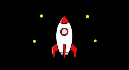 Simple cartoon rocket flying through dark space surrounded by stars rocket space launch vector success journey