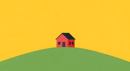 Minimalist red house on green hill yellow background home property realestate simple graphic icon abstract