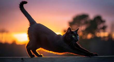 Elegant black cat stretching on fence golden sunset glow feline pet silhouette graceful backlit