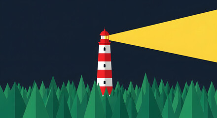 Red and white lighthouse shining light through dark trees navigation safety hope night vector flat