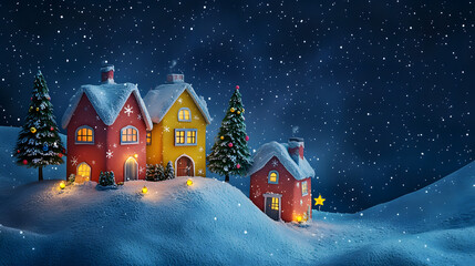 Fototapeta premium Colorful houses in a snowy winter village with Christmas trees, ideal for Christmas greeting cards, holiday banner.