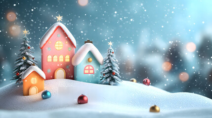 Obraz premium Colorful houses in a snowy winter village with Christmas trees, ideal for Christmas greeting cards, holiday banner.