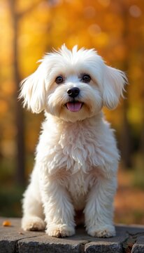 Fluffy white dog sits on stone wall. Autumn foliage surrounds small canine, warm colors create a peaceful, happy scene. Dog looks at camera with tongue out during sunny day.