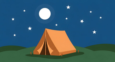 Simple tent under a starry night sky moon Camping Night Stars Outdoor Adventure Vector Nature Illustration Calm