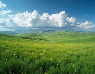 Fototapeta premium Vast green rolling hills under blue sky with white clouds. Tall grass and yellow wildflowers cover the expansive meadow. Distant mountains form a hazy backdrop.