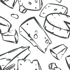 A vector background with various cheeses: Swiss, soft Camembert, Parmesan, Brie, Gouda, and Cheddar. Hand-drawn seamless pattern features farmhouse cheese. It mimics a quick ink and brush sketch.