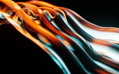 Transparent wave glass geometries with colorful lights, 3d rendering.
