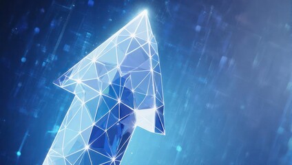 Digital Arrow Pointing Upward with Geometric Design on Blue Background.