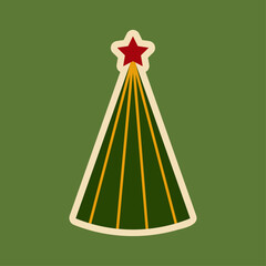 Christmas sticker. Vector illustration. Green tree with streamers and a red star, white outline on a green background. New Year's stickers. A bright, festive backdrop for a sale.