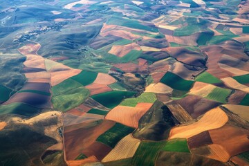 Vibrant patches of farmland create a colorful mosaic across the countryside landscape