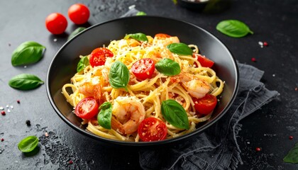 Delicious Italian pasta dish of spaghetti with tomato sauce and shrimp for a healthy gourmet dinner