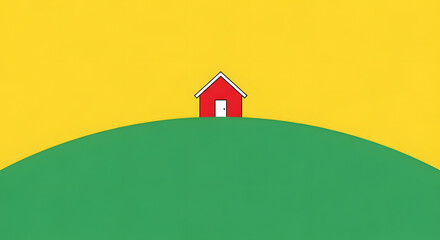 Simple red house on green hill yellow sky minimalist cartoon illustration graphic design isolated peaceful home