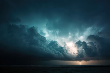 Towering storm clouds gather over the horizon as lightning strikes, creating a dramatic scene in the darkening sky near the ocean