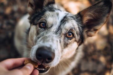Dog enjoys tasty treats in the fresh air while relaxing outdoors in a natural setting with a friendly human nearby