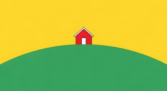 Simple red house on green hill yellow sky minimalist cartoon illustration graphic design isolated peaceful home