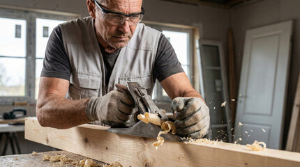 Artisan rabotant du bois dans atelier lumineux