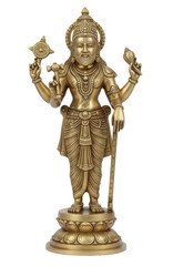 Golden brass statue of Lord Vishnu standing with four arms holding a conch, discus, mace, and lotus, representing preservation and divinity.