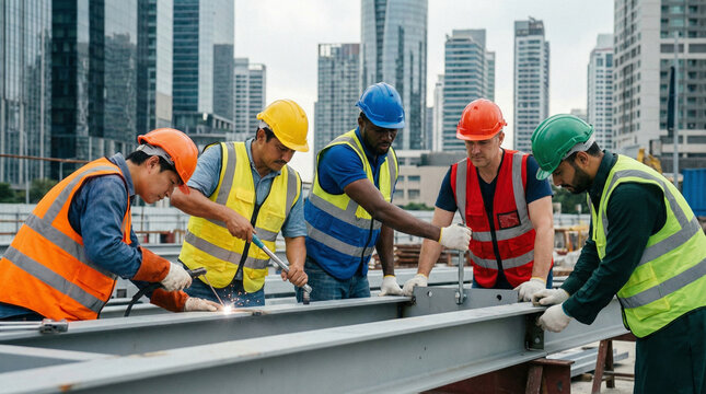 &Eacute;quipe d'ouvriers construisant structure m&eacute;tallique en ville