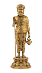 Golden brass statue of a standing bearded sage or rishi holding a staff and water pot, representing ancient wisdom and asceticism.