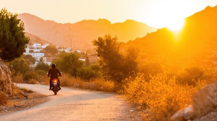 Obraz premium Rider travels on a dirt road during sunset in a rural area