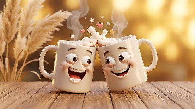 Cute cartoon mugs clinking with milk splash, romantic coffee moment