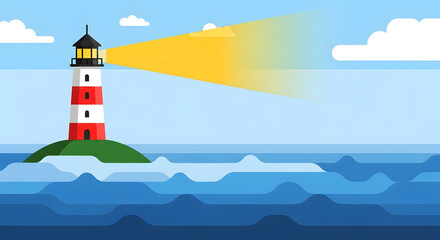 Vibrant flat design lighthouse on island with bright beacon light ocean sea navigation guide safety vector