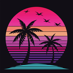 Retro Sunset With Palm Trees And Birds Over Water silhouette