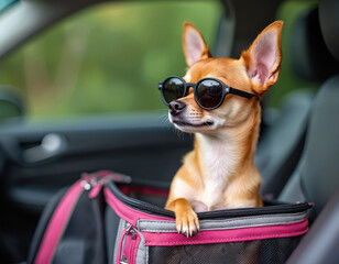 Brown chihuahua dog wears sunglasses in pet carrier bag on car. Canine travels safely in car, ready for journey. Animal enjoys trip looking out window.