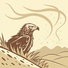 Fototapeta premium Stylized illustration of a majestic eagle perched on a grassy hill in a desert landscape bird raptor