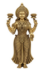 Golden brass statue of Goddess Lakshmi holding lotus flowers, signifying abundance, beauty, and auspiciousness for festivals.