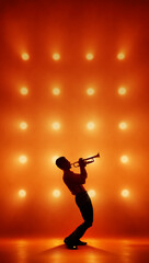 Trendy artwork. Trumpet player silhouette performing on stage with warm orange lights. Concept of...